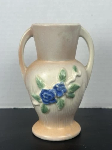 Morton Pottery Hull Roseville Style Bud Vase Blue & Peach 5" 1920 Art Deco