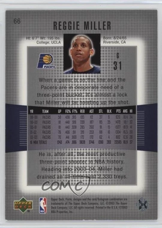 2003-04 Upper Deck Finite /1999 Reggie Miller #66 HOF - Image 2 of 2