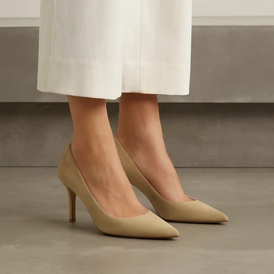 Stuart Weitzman Femmes Bout Pointu Tennis Mi Talon Daim Beige It 38 /US 8 - Photo 1/4