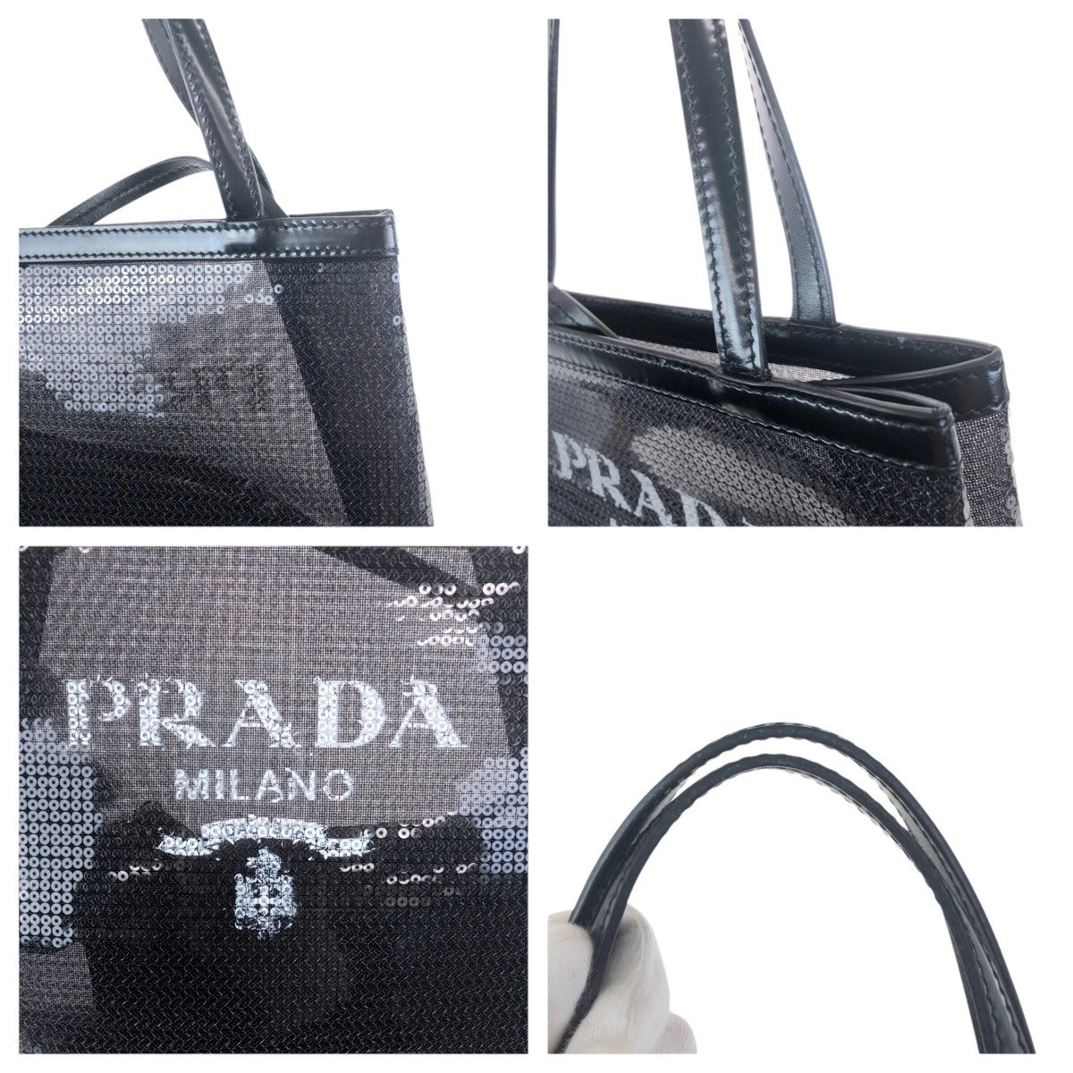 Prada Mesh Triangular Logo Sequin Leather Handbag… - image 6