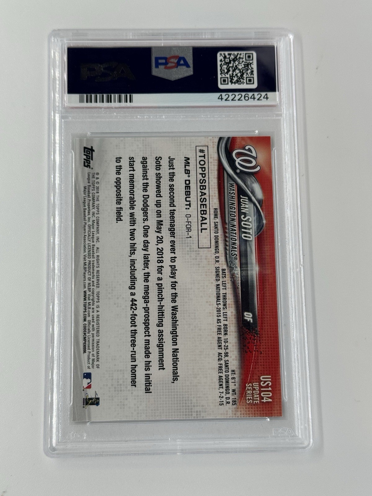 2018 Topps Update Series - Rookie Debut Juan Soto Rainbow Foil (RC) PSA 10 view 2