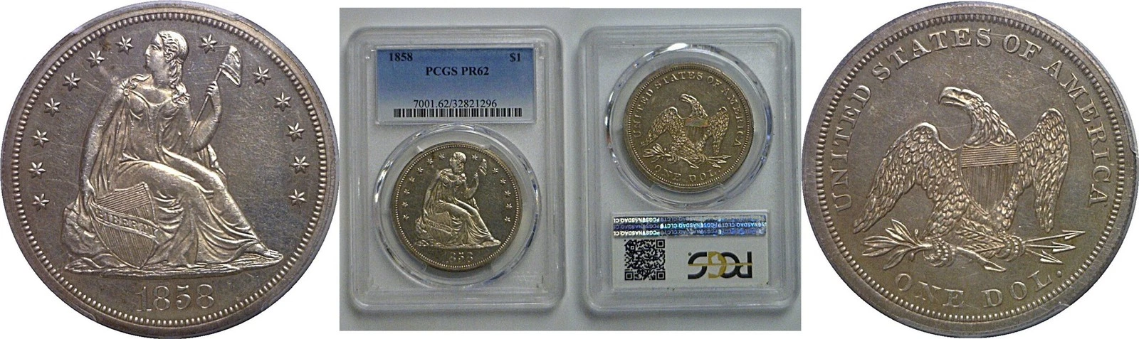 1858 Seated Liberty Dollar   PCGS PR-62