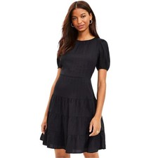 NWT LOFT Women’s Puff Sleeve Fit & Flare Mini Dress with Tiered Skirt Black  12