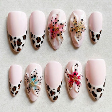 30Pcs Leopard French Tip Press on Nails Medium Almond Fake Nails with Gold Beads