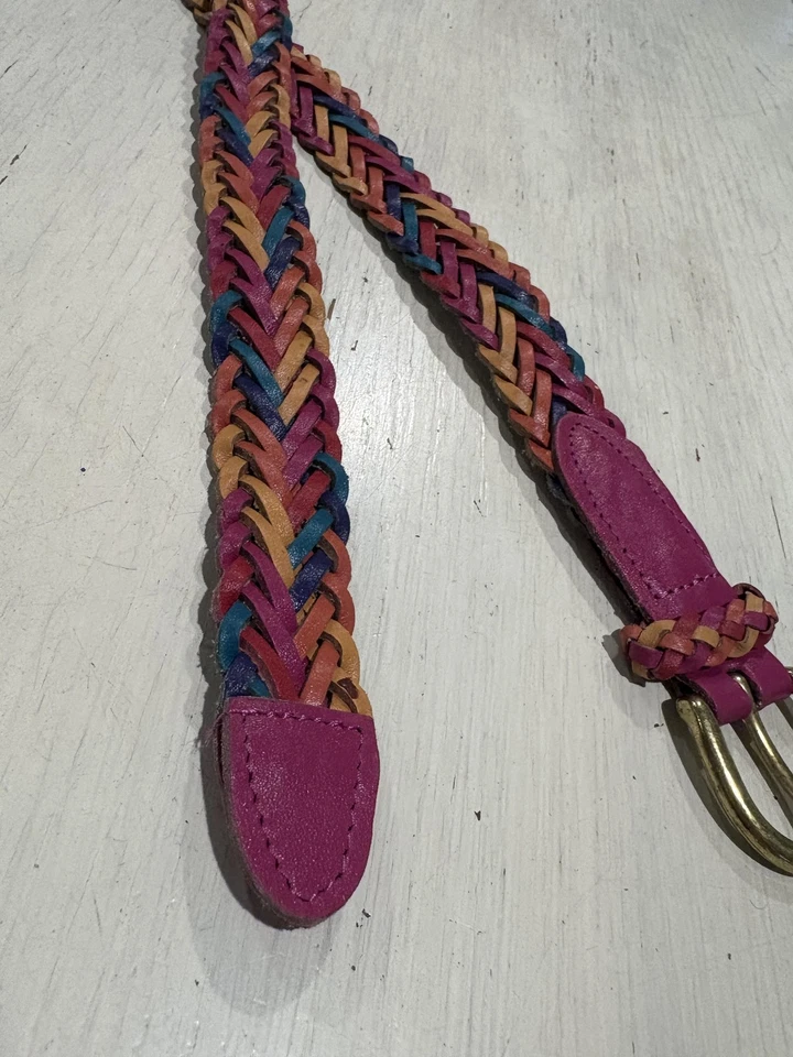 Cinturón de cuero trenzado para mujer mediano boho multicolor hebilla de latón genuino Foto 3 de 4