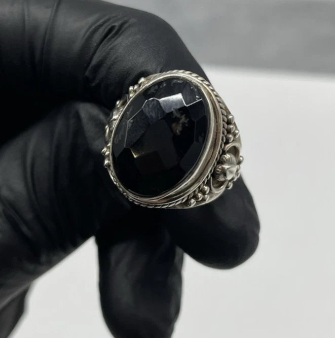 Anello Donna Vintage Argento 925 pietra Onice ovale nero Tondo Briolè elegante - Immagine 4 di 4