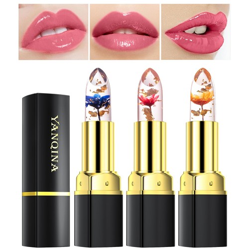 3Pcs Clear Color Jelly Lipstick,Crystal Jelly Flower Color Changing Lipstick ...