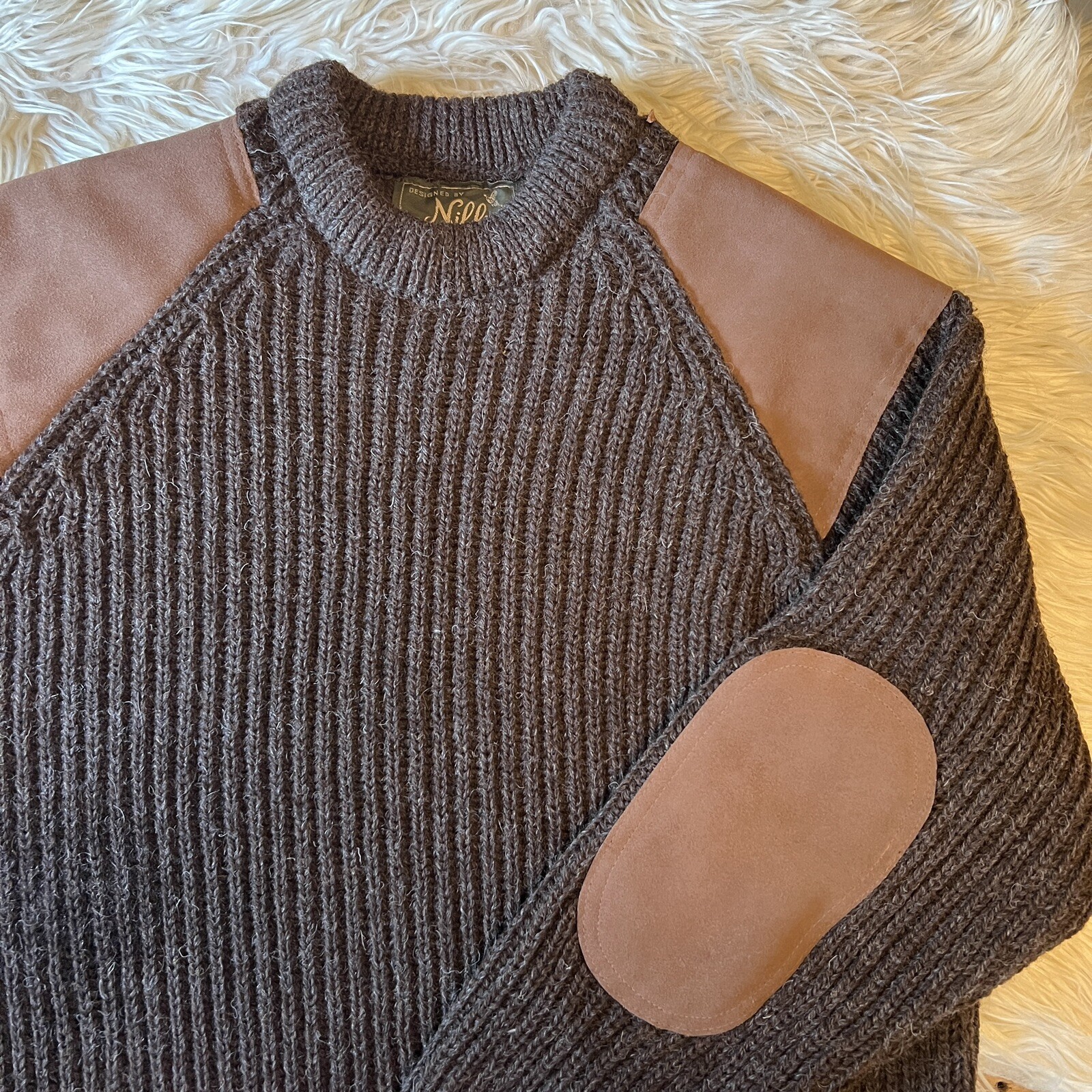 Wool Crewneck Sweater Suede Leather 