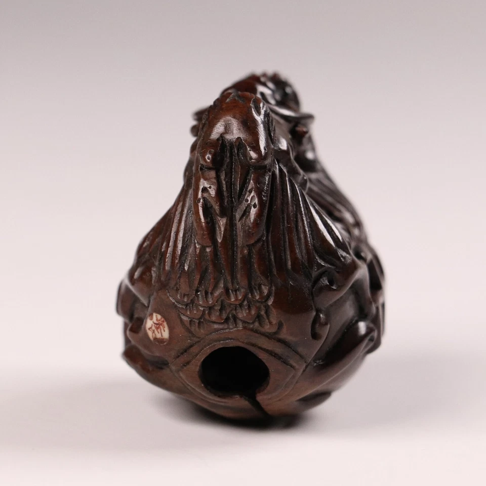 Antiguo Templo Netsuke Tallado Madera Japonés Forma Tambor Doble Dragones Era Meiji Foto 4 de 4