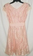 Womens J&N Fashion Dress Size Large Peach Lace Overlay Cap Sleeve Ribbon Belt