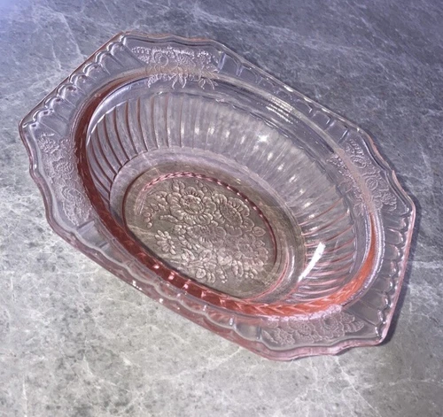 Anchor Hocking Mayfair Open Rose Square Pink Depression Glass Lunch Plate 1940s!