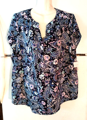 NEW CROFT & BARROW NAVY BLUE FLORAL PAISLEY SHORT CAP SLEEVE TOP PLUS SIZE 2X