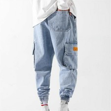 New Men Tapered Jeans Harem Pant Drop Croth Cargo Denim Trouser Hip Hop Casual