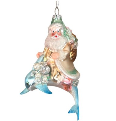 Santa & Delphin Glass Ornament Coastal Christmas Beaded Encrusted 6'' Iridescent