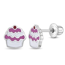 Enamel Cupcake Baby / Toddler / Kids Earrings Screw Back - Sterling Silver