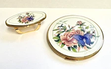 Vintage Stratton Butterfly Rose Powder Compact & Matching Mirror Lipstick Holder