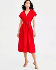 Halston Women's Collared Belted Grommet-Waist Midi Dress/Fire Red/Size 12/New