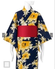 Japanese Summer Kimono Yukata and Obi set Navy Sunflower Floral pattern Used