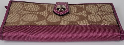 Coach Signature Slim Card Wallet Envelope Tan Khaki Berry Purple Magenta Fold - Picture 3 of 14