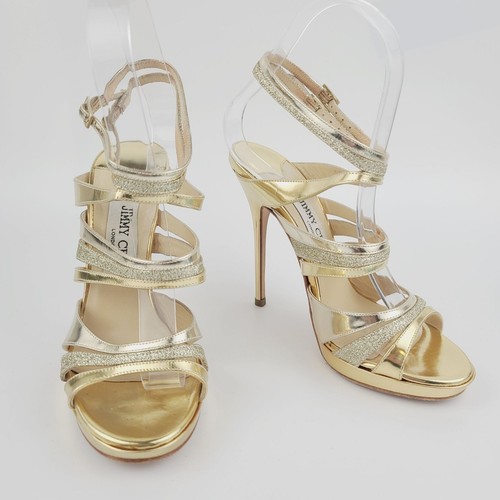Jimmy Choo Heels Gold Chrome Silver Glitter Ankle Strap Sandals Size 36.5 - Picture 5 of 7