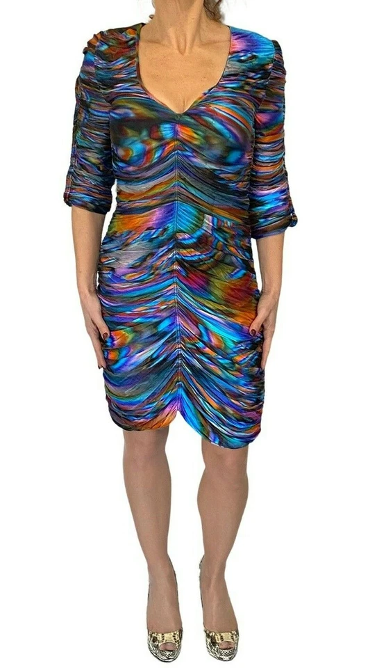 Vestido Matthew Williamson Multicolor Cuello en V Acanalado Bodycon Jersey Manga 3/4 XS S Foto 2 de 4