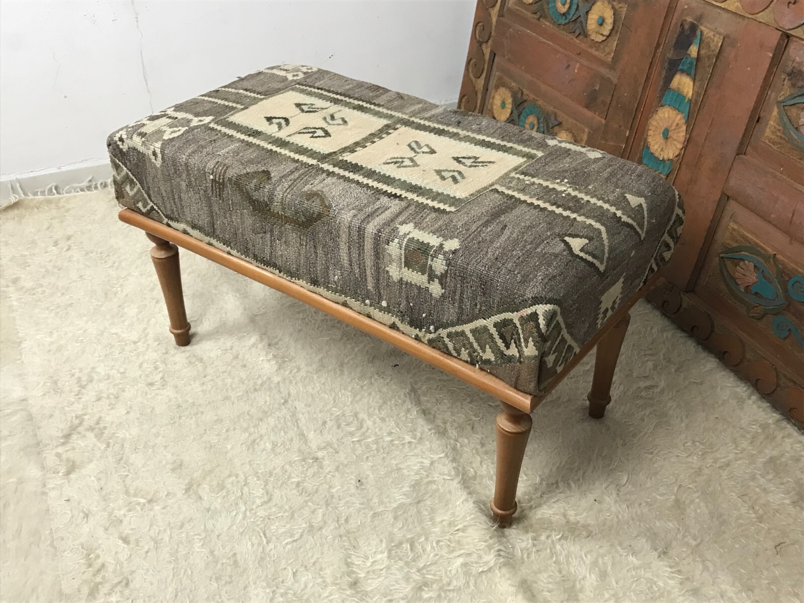 Handmade Kilim Upholstered Ottoman Footstool Piano Entryway Bedroom Bench