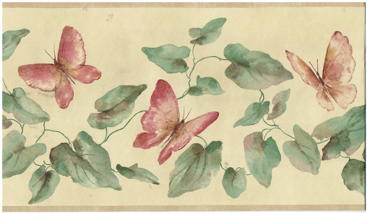BUTTEFLIES VINES AND LEAVES TAN EDGES Wallpaper bordeR Wall decor