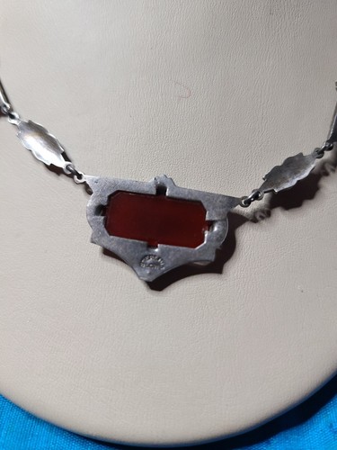 Vintage Art Deco Ornate Sterling With Red Stones Necklace Signed LCW - Picture 7 of 8