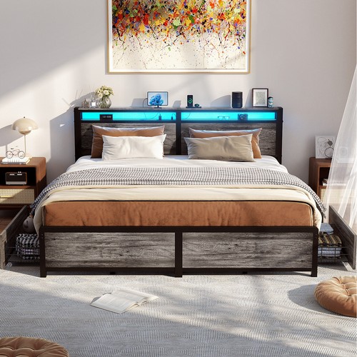 King/Queen/Full LED Bed Frame, Headboard with Charging Station,4 Storage Drawers - Picture 8 of 13