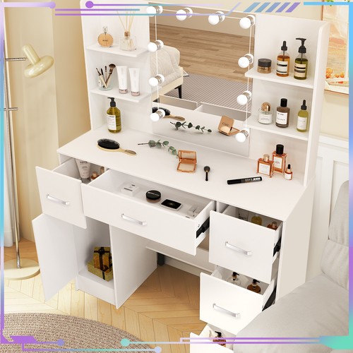 Vanity Dressing Desk + Stool 5 Drawers Makeup Table LED Lighted Mirror Bedroom - Picture 4 of 11