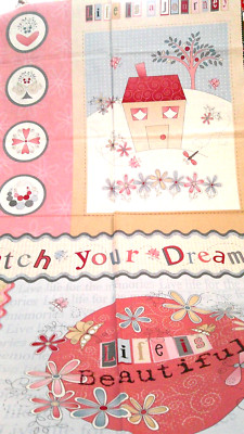 Fabric Red Rooster Panel ''Life is Beautiful'' Tan Light Blue Pink House $5.95