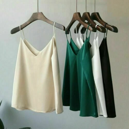 Damen Satin Seide Camisole Tank Top Träger V-Ausschnitt Träger Unterhemd Freizeit Basic Top - Bild 5 von 36