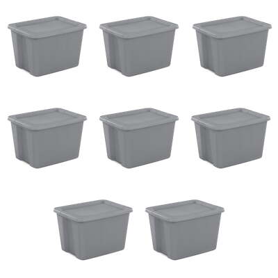 18 G Plastic Tote Box Gray 8 Pcs Pack Large Storage Crate Chest Organizer Moving