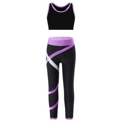 Kid Girl 2 Piece Tracksuit Crop Top With Athletic Leggings Set Dance Yoga Outfit - Picture 19 of 60