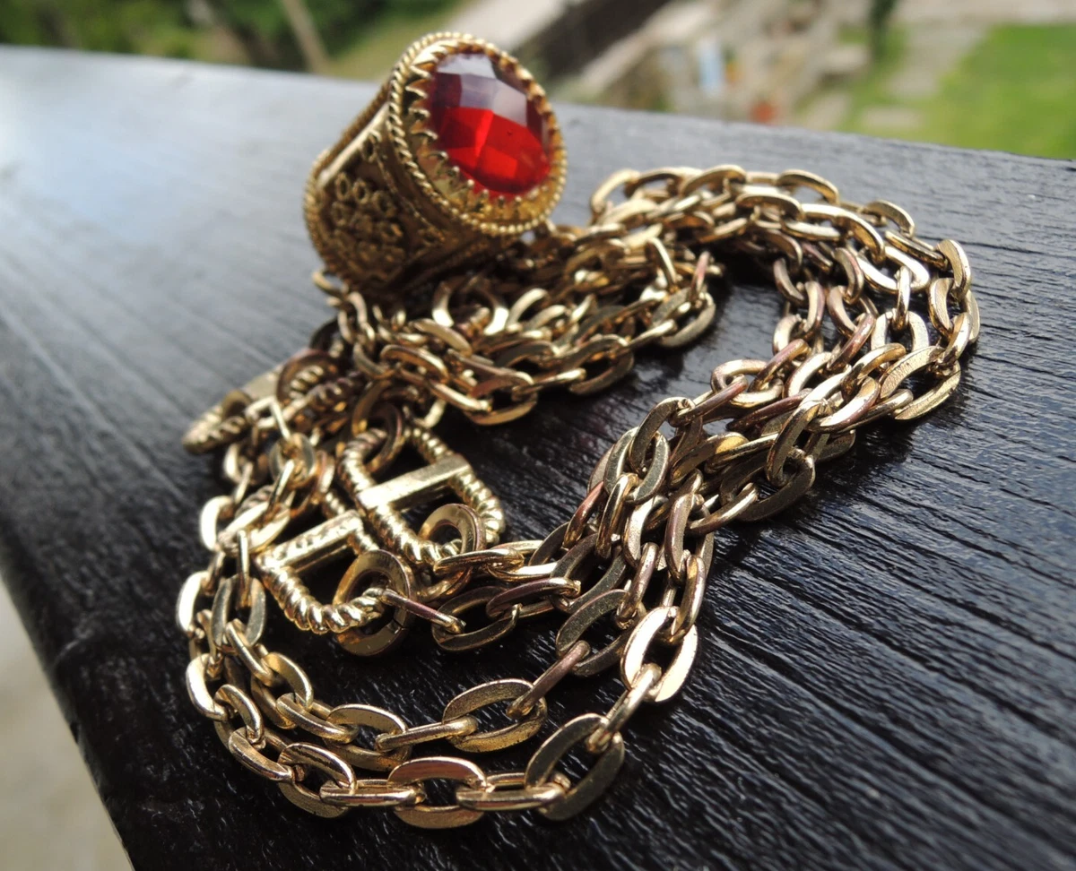 Collier Ras Du Cou En Alliage Bronze Avec Cristal Rouge - Fermoir Barrette - Comme Neuf