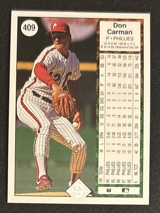 1989 Upper Deck Don Carman Baseball Card #409 Phillies High-Grade EXMT O/C - Image 2 of 2