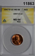 1947 D LINCOLN CENT ANACS CERTIFIED MS66 RD! FINE RED! #11863