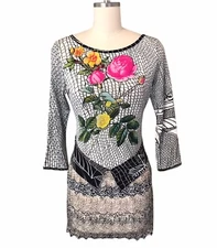 VTG Y2K Save The Queen Mesh Knit Top Long Sleeve Italy Mixed Print Women’s Sz S