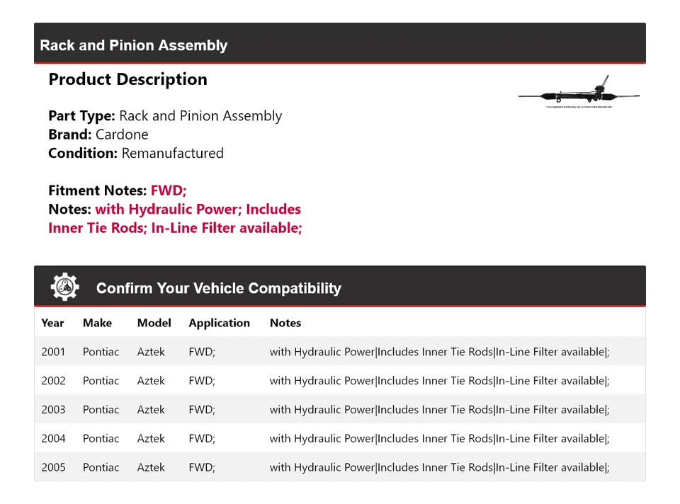 For 2001-2005 Pontiac Aztek FWD Rack and Pinion Assembly Cardone 2002 2003 2004 - Image 2 of 4