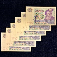 6 x Sweden 5 kronor (1981) consecutive serial numbers UNC P-51