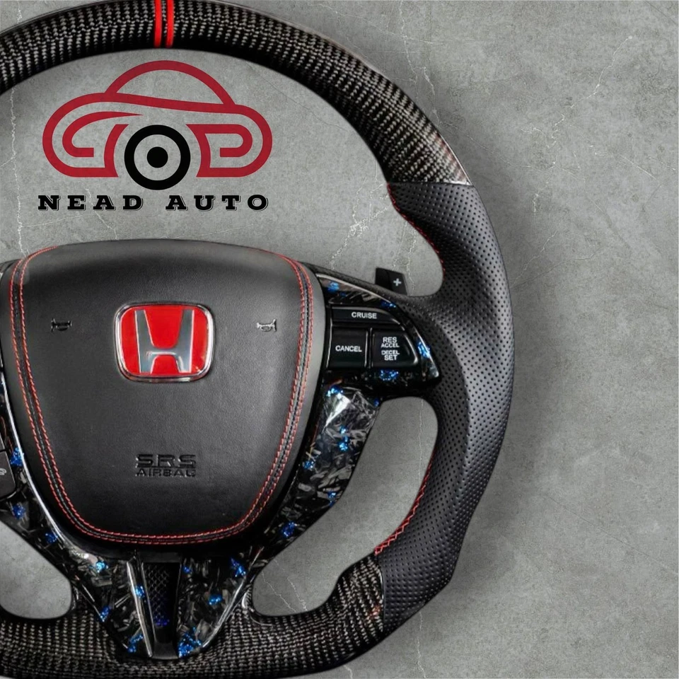Volante de fibra de carbono Honda Accord 2008-2012 con empuñaduras de cuero perforado Foto 3 de 4