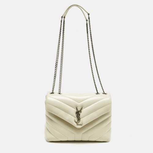 Saint Laurent Off White Quilted Leather Small Loulou Shoulder Bag