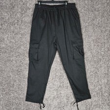 Women Black Cotton Cargo Pants Elastic Drawstring Waist Utility Trousers Large