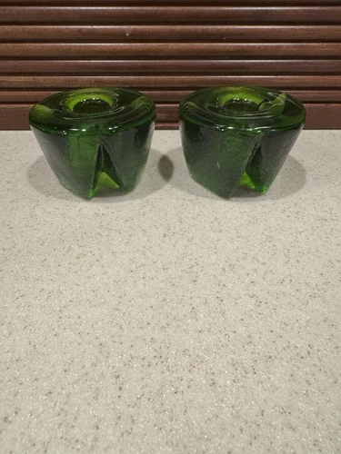 Vintage Blenko Emerald Green Glass Candle Holders Pair