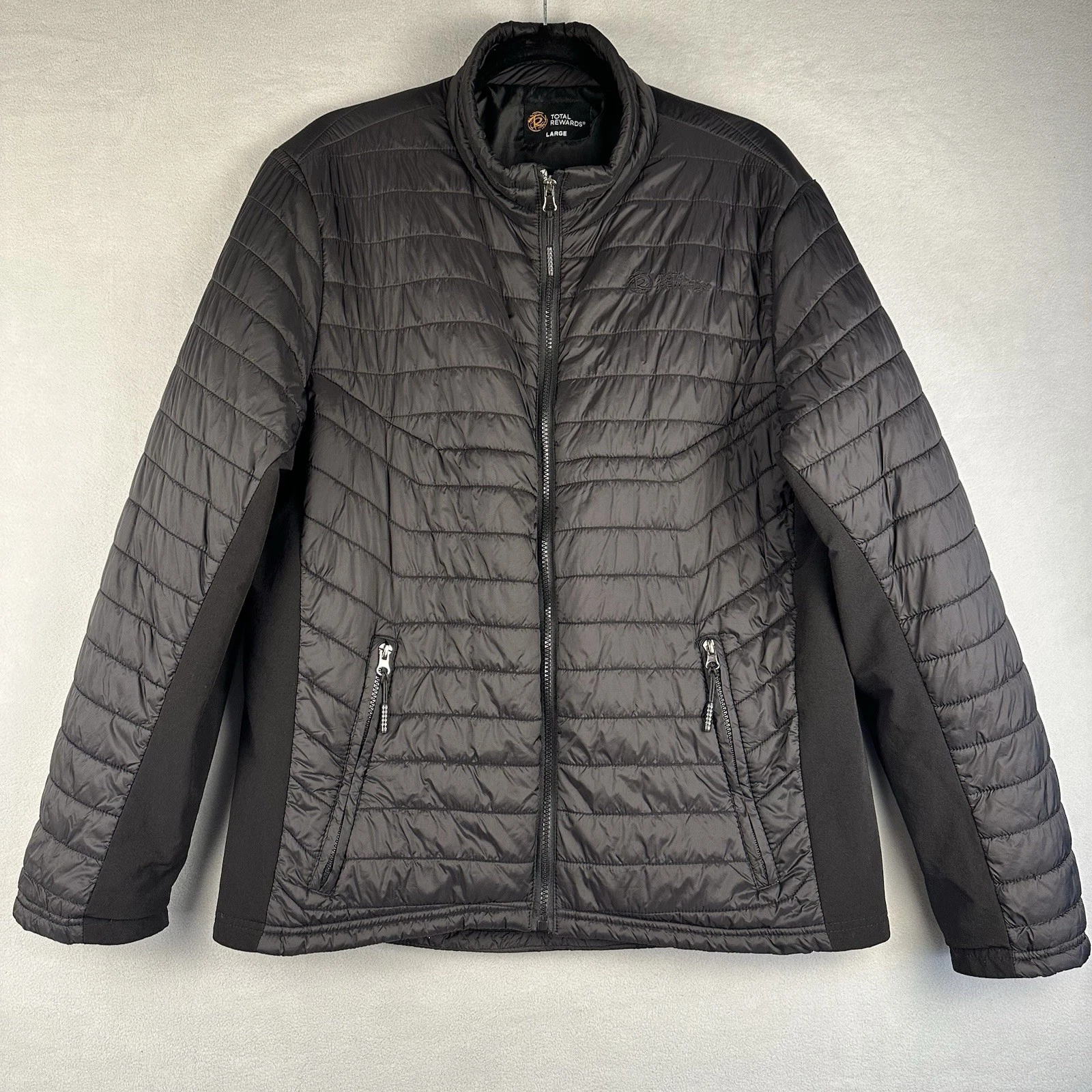 Total Rewards Puffer Jacket Men Sz Large Black Lightweight Side Panel Minimalist