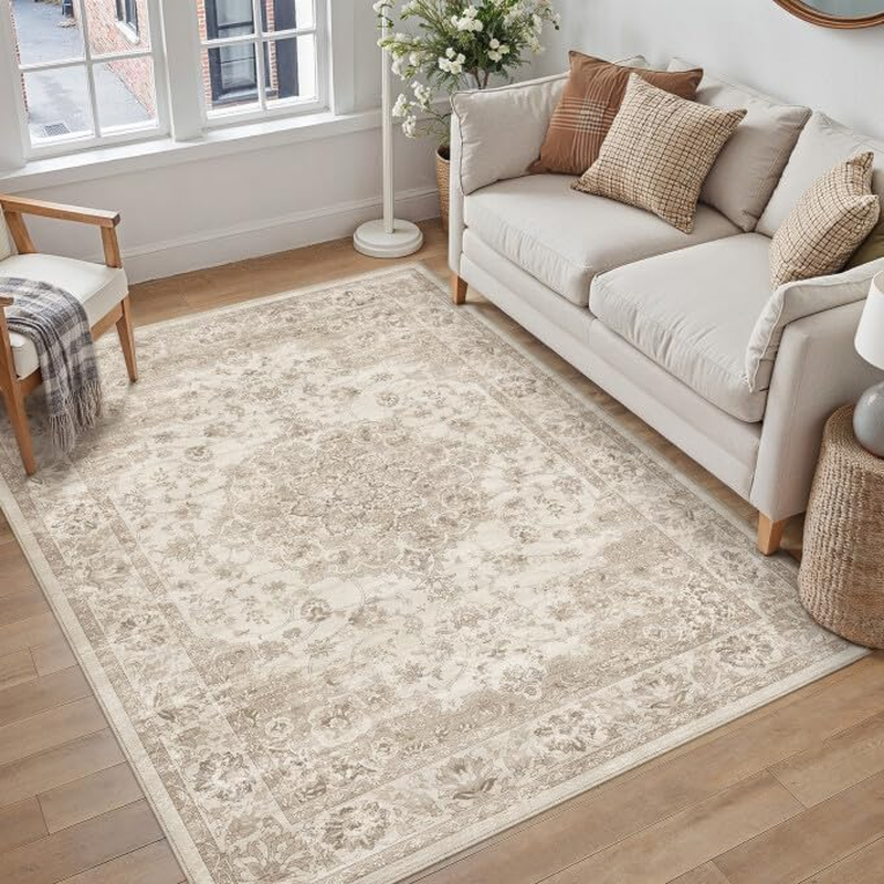 Washable 5X7 Area Rug for Living Room Beige Neutral Vintage Large Rug Non-Slip S