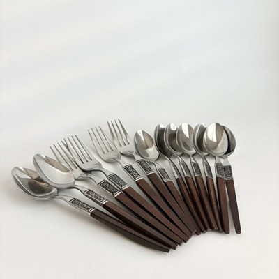 Vintage MCM Ekco Eterna La Joya Stainless Faux Rosewood Flatware 13pc Japan