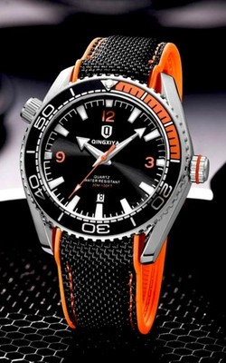 Diver Men Watch 16mm Bold Case Black Orange Silicone Sport Waterproof Gift