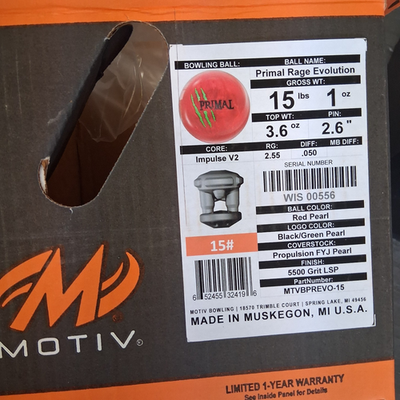 Motiv Primal Rage Evolution Bowling Ball 15 lb 1st qual NEW IN BOX