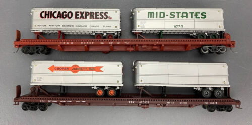 2X HO Walthers 75’ TOFC Flatcars CB&Q & TTX w/4 CMW 32’ Trailers RTR KDs HO6031 - Picture 2 of 6